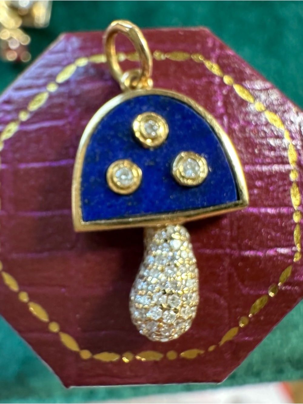 Blue lapis and Gold Mushroom Pendant with Pavé Diamond  -